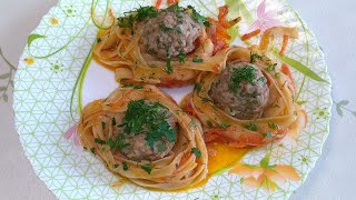 Макароны гнёзда с фаршем. Очень вкусно и красиво!