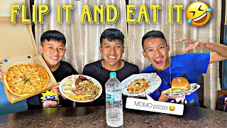 FLIP THE BOTTLE FOOD CHALLENGE 🤣//MOMO PIZZA🤤//@ptkdrawz7731 & SANGAM TAMANG