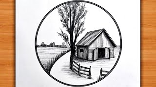 Easy Circle Scenery Drawing | Pencil Drawing in circle Step by Step | Village Scenery, Pencil Sketch