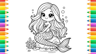 How to Draw a Mermaid Princess for Kids 💜💚💖Mermaid Princess Drawing and Coloring