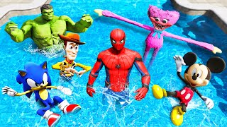 GTA 5 Spiderman and Friends Water Ragdolls Fails (Sonic, Mickey, SpongeBob, Huggy Wuggy, Woody)