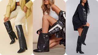 Most wonderful fold cover latex leather boots outfit for Ladies/fold cover heeled boots#fashion