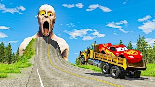 Double Flatbed Trailer Truck vs Speedbumps VS Train vs Cars Beamng.Drive - rockcrash #2