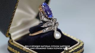 BELLE EPOQUE NATURAL CEYLON SAPPHIRE PEARL AND DIAMOND TIARA FLOWER FEATHER