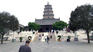 The Big Goose Pagoda in Xi'an, China, and the Buddhist temple surrounding the pagoda.