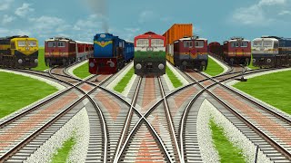 7 INDIAN TRAINS CROSSING ON BRANCHED FORKED RAILROAD TRACKS | Train Simulator | Railroad Crossing