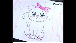 Dessin Aquarelle - Chat Kawaii - Facile débutant - ValMa Créas