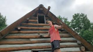 Off-grid tiny cabin build chinking logs and purlins update #11