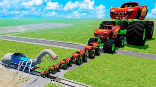 Big & Small Monster MCQUEEN.EXE with Monster Truck wheels vs SPIDER Train Thomas.EXE - BeamNG.Drive