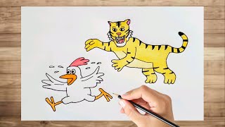 الرسم للاطفال / رسم نمر 🐅 مع رسم دجاجة 🐓 رسم سهل للاطفال / رسم نمر للاطفال / تعليم رسم للاطفال