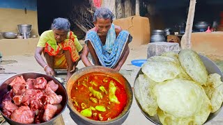 80years old grandma making PURI with CHICKEN KOSHA and eating || actual village life india