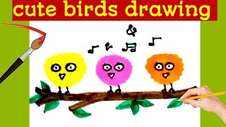 😱birds drawing very easy🐦 |Three birds singing drawing😍 | step by step | sketching with fun 😊