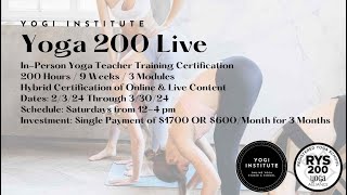 Yoga 200 LIVE Certification 2024 - Yogi Institute Yoga Teacher Training