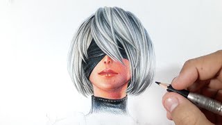 Drawing Hair (Real Time) in Colored pencils - 2B Nier Automata | Fame Art