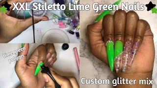 XXL Stiletto Nails! Lime Green Polygel Nail Set! Custom Nail Glitter Mix!