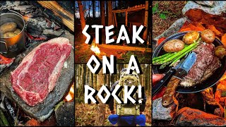 Cooking Steak On A Rock At My Woodland Shelter!