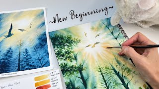 2024 New Beginning! How to Paint Sunrays, Birds, and Misty Woods with Watercolor #painting #artist 🎨