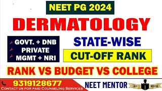 NEET PG 2024 ll Dermatology Rank vs Budget vs States ll State Wise Cut Off Rank ll Govt DNB Private