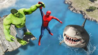 GTA 5 Water Ragdolls | SPIDERMAN and HULK vs Shark #2 (Funny Moments)