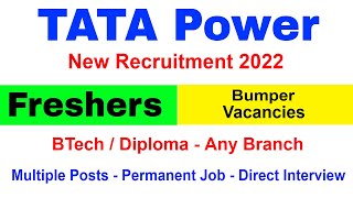 TATA Power Recruitment 2022 | Freshers Permanent Job | Latest Jobs 2022 | New Bumper Vacancy