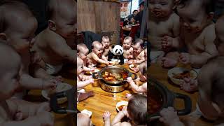 Baby panda eating hotpot 🔥 with babies human