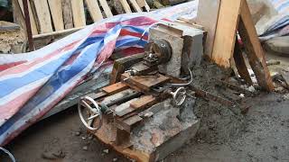 homemade concrete base metal lathe 9, Join head stock and base