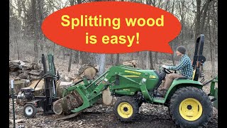 Splitting wood with our Forest King 22 ton log splitter & John Deere 3038E compact tractor