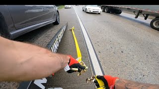 Loading a Car with a flat onto a hino fb rollback flatbed towtruck#slow#down#move#over#viral#video.