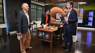 Garry Kasparov talks chess with Grigory Oparin before the start of round 7 Chess 9LX 2024