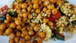 Roasted Veggie Couscous and Garlic Herb Chickpeas