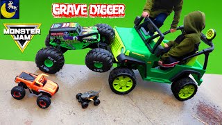 Monster Trucks VS Power Wheels Jeep! Monster Jam Mega Grave Digger RC Remote Control Race Crash Toys