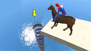 SPIDERMAN and HORSE with Pipe Obstacle Superheroes Challenge - GTA 5