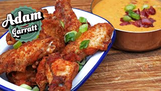 Fried chicken wings with a spicy bacon & cheddar cheese sauce | how to make fried chicken wings