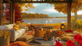 Autumn Morning Ambience on Cozy Porch by the Lake with Forest Birdsong and Relaxing Fireplace Sounds