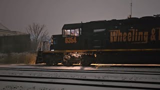 Unstoppable W&LE #6354 sitting idle in Medina Yard during the season's first snowstorm! 12-18-23