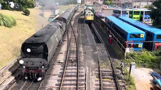 34070 departs Swanage  17/08/2024