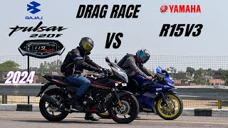 bajaj pulsar 220F 2024 vs Yamaha R15 v3 | DRAG RACE | shocking results 😱