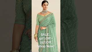 Sea Green & White Embroidered Pure Georgette Bandhani Saree  #saree #fashion #trending #Viral