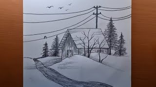 desenho de paisagem com lápis - Pintura de paisagem de inverno - Como desenhar uma paisagem simples