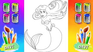 Pintando a Pequena Sereia Ariel - desenho de pintar da pequena sereia, princesa da Dysney Ariel