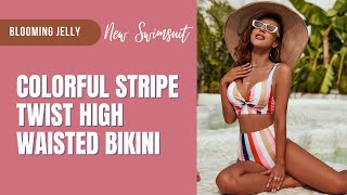 Blooming Jelly Swimsuit Colorful Striped Print High Waisted Bikini