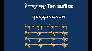 རྗེས་འཇུག་བཅུ། Ten suffixs ག་ང་ད་ན་བ་མ་འ་ར་ལ་ས་