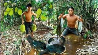 Man found fish with two ducks | fried jackfruit and cook fish - Eating delicious