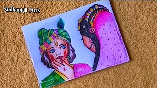 Radha Krishna playing holi easy drawing step by step || holi special drawing #holi