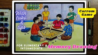 Memory Drawing - How to Draw Kids Playing Carrom - for Elementary Intermediate Grade Exam