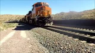 BNSF Eastbound Stack train and Westbound Ethanol Tanker Train. CP Silverwood, Cajon Pass