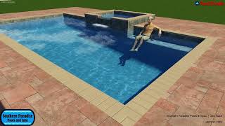 Geometric Pool and Spa Design With Travertine Coping, Brick Paver Deck