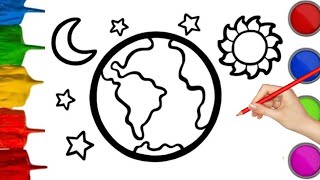 Earth, Sun, Moon Drawing,Painting and Coloring for Kids & Toddlers|How to Draw Earth, Sun, Moon