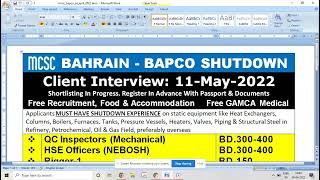 JOBS BAPCO SHUTDOWN CLIENT INTERVIEW FOR MCSC COMPANY 11-MAY-2022 #mechanicaljobs #shutdownjobs