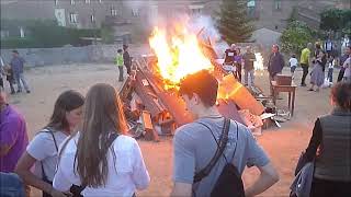 Bonfire with "Flama del Canigó" in l'Estany, Catalonia